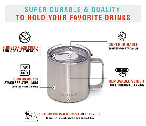 Chillout Life Stainless Steel 16 Oz Vacuum Insulated Coffee Mug With Handle And Lid, Large Thermal Camping Coffee Mug Cup With Durable Sliding Lid For Men & Women, Keeps Your Beverages Hot & Cold #TOP2