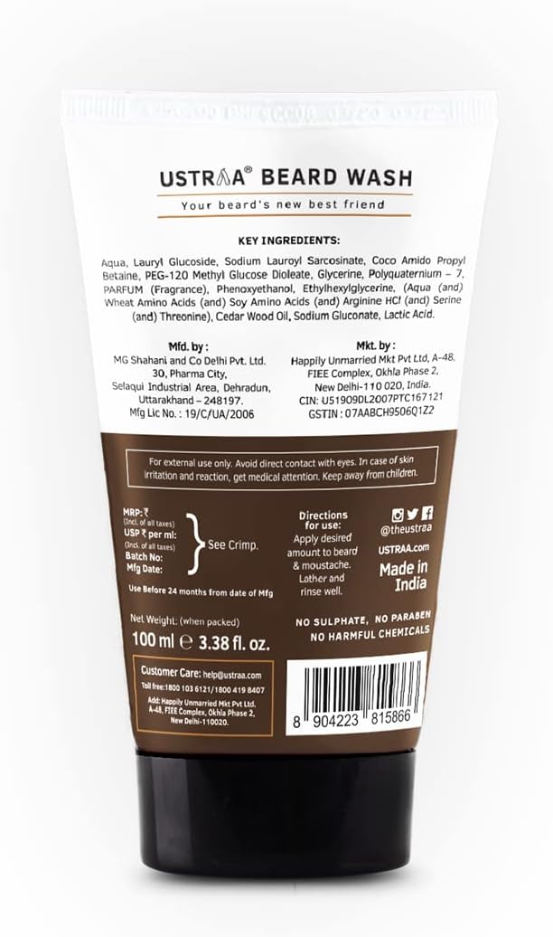 Ustraa Beard Wash Woody - 100 ml - Sulphate-free Beard Wash | Thick Foam, No Post-wash Dryness, Cleansed & Smooth Beard | Beard Shampoo for Germ-Free Beard