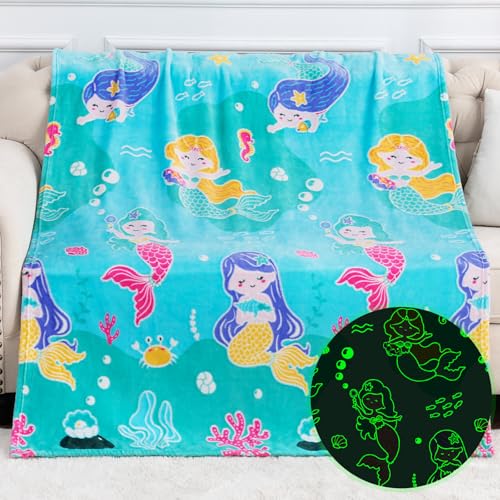 Image of Mermaid Toys Gifts for Girls Kids - Glow in The Dark Ocean Blanket Best Birthday Christmas Valentines Easter Decor Presents for for Age 1-14 Years Old Teens Child Toddler Daughter Soft Throw 50 inchX60 inch