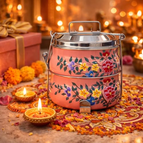 Image of iHandikart Handpainted Decorative Lunch Box Tiffin | Multiple Tier Stainless Steel Food Box | Designer Indian Print Tiffin for School | Diwali Gift, Navratri Gift (Color - Multicolor)