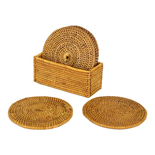 コースター 丸型 アタ 6枚セット 収納ケース付き 円形 丸い トレイ トレー アジアン ナチュラル テーブルコーディネート ブラウン 天然素材 バリ雑貨 キッチン雑貨 アジアン雑貨