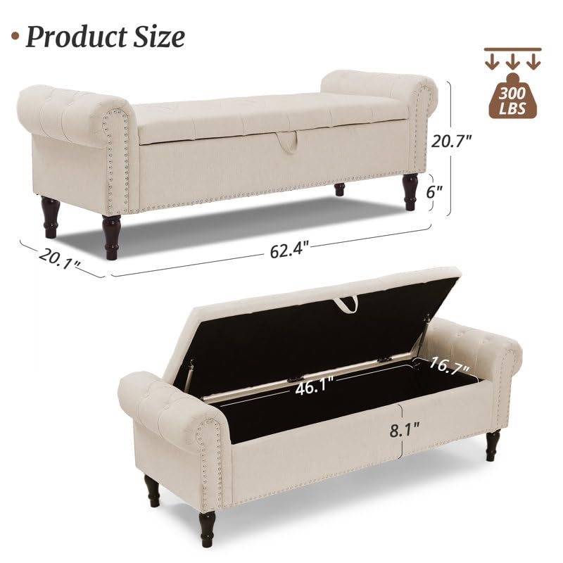 Image of 3-Seater Upholstered Ottoman Bench with Storage | White |62.4 x 20.1 x 20.7 Inch| Elegant Multi-Purpose with 6-Inch Wooden Legs for Living Room, Bedroom, Entryway
