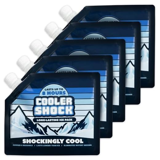 Set of 5 Cooler Shock lunch bag size ice packs - high performance 18 degree Fahrenheit using phase change science to achieve 8-10 hour cooling - avoid spoilage so you can eat your lunch! Safe US Made
