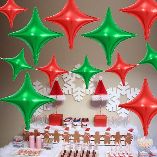 Image of Red Green Star Balloons,12Pcs Four Angle Star Foil Balloons | 26Inch and 10Inch Red Green Quadrangle Star Helium Balloon for Christmas Birthday Party Decorations