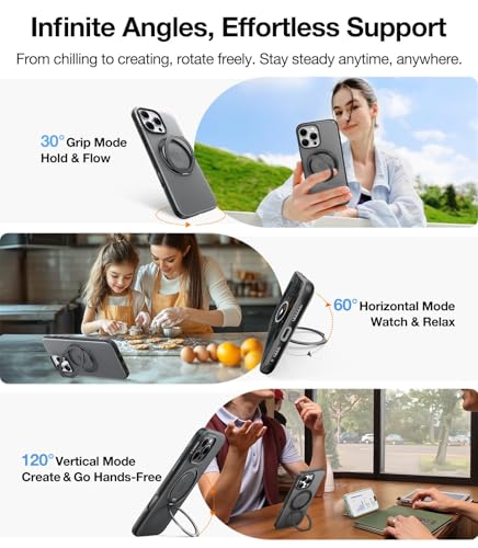 Image of TORRAS for iPhone 16 Pro Case 360 Magnetic Stand O3 Fitness Series, [Fit for MagSafe] [360 Rotating Kickstand] 4X Mil-Grade Shockproof, Camera Control Button, Slim, Translucent Obsidian Black