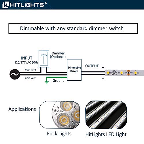 Image of HitLights Dimmable LED Driver 12V 60W, Magnetic Power Supply, 120VAC to 12VDC, Compatible with Lutron＆Leviton Dimmer, Low Voltage Transformer for LED Strip Light, Kitchen, Cabinet, Class2, ETL Listed