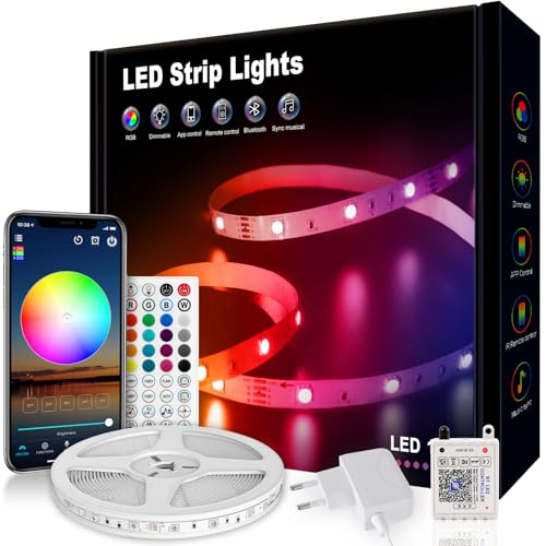 VKH Ruban LED 10m, Bande LED RGB Multicolore avec Télécommande et Application, 16 Millions de Couleurs, Décoration Lumineuse pour Chambre, Noël, Fête, Anniversaire et Mariage.(1 * 10m)