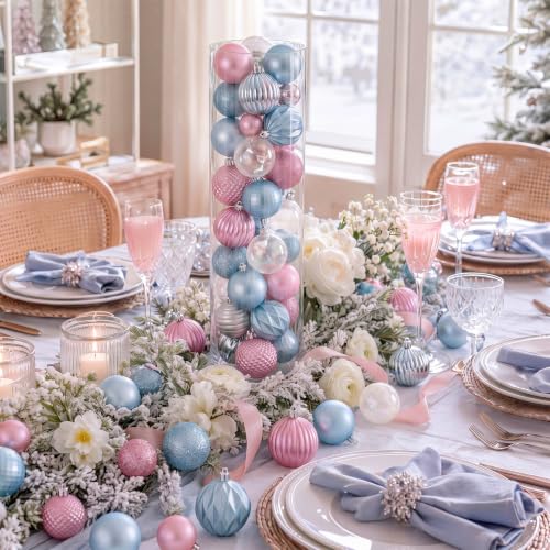 Image of Lunmon 64 Pcs Pastel Christmas Ball Ornaments Pink Blue Silver Xmas Bulbs