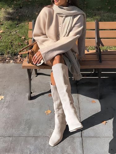 Coutgo Womens Knee High Boots Square Toe Chunky Block Heel Side Zipper Faux Suede Long Boots Fall Winter Shoes2