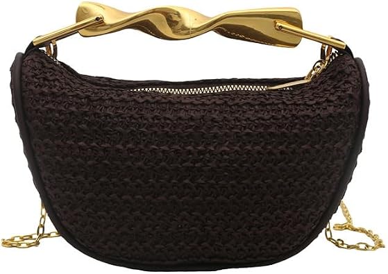 Woven Straw Clutch Bag for Women, Small Gold Twist Handle Tote Handbag with Chain Strap, Rattan Crossbody Purse