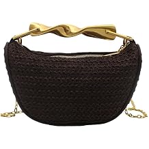 jessie Woven Straw Clutch Bag for Women, Small Gold Twist Handle Tote Handbag with Chain Strap, Rattan Crossbody Purse