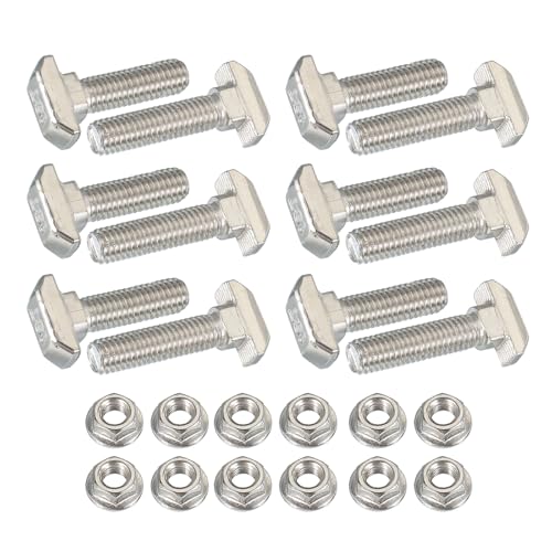 Image of PATIKIL M8 x 33 mm T-Slot Bolts, 12 Sets Drop-in Bolt Hammer Head with Hexagon Flange Nuts T-Bolt Stud Sliding Screw for 45 Series Aluminum Extrusion Profile, Silver