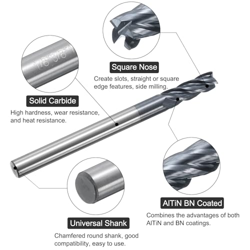 Image of uxcell 5pcs Carbide Square End Mills, 1 /8 inch Dia AlTiN BN Coated 4 Flutes Milling Bit Cutter, for Hardened Steel Cast Iron Alloy Metal, 1 /8 inch Shank 3 /8 inch Cut Length 1-1 /2 inch Long HRC50
