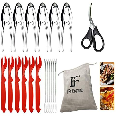 FrSara 20-Piece Lobster Crackers, Crab Crackers and Tools Includ 6 Crab Crackers, 6 Lobster Shellers, 6 Crab Leg Forks, 1 Seafood Scissor and a Storage Bag. Also be a Nutcracker Tool Cover