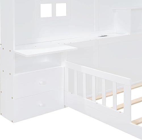 Miniatura 17 de Cama de madera de tamaño individual con cabecero en forma de casa con vallas, altura baja al suelo, para dormitorio de niños y niñas (blanco-01)