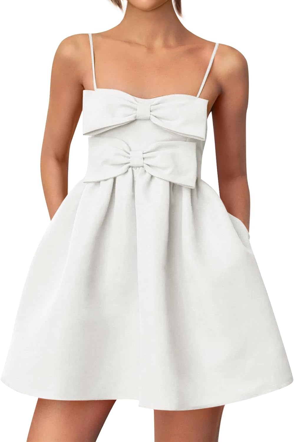 Yousify Womens Cute mini Bow Dresses Spaghetti Strap Elegant Babydoll A Line Short Cocktail Party Dress,S-XXL