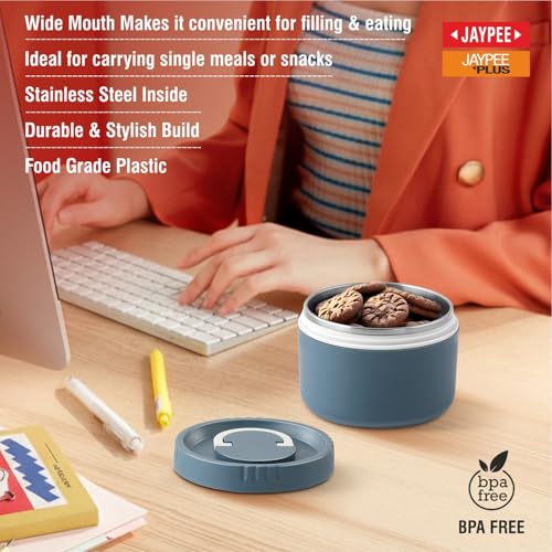 Image of Jaypee Plus Snackpac Sr. Airtight Leakproof Container 500 ml Lunch Box for School, Office, Ideal for Snacks and Meal, Keeps Food Hot & Fresh Inner Stainless Steel Easy to Carry Handle, Bowl Grey