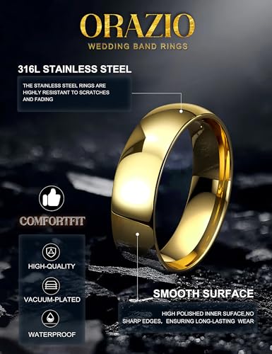 ORAZIO Stainless Steel Rings for Men Women 6MM 8MM Wedding Band Rings Silver/Black/Gold Domed High Polished Basic Wedding Bands Comfort Fit Size 6-143