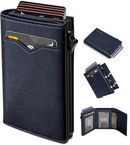 Image of miyozi Wallet for Men,with Cash Pocket 2 ID Window 9-13 Cards,Metal Case Smart Slim Pop Up Credit Card Holder Flip with Magnetic Closure RFID Blocking Trifold wallet with Gift Box