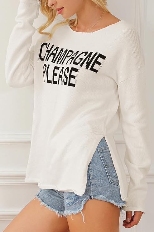 Champagne Please Graphic Pullover Sweaters for Women Crewneck Sweatshirt Long Sleeve Side Slit Knit Top Oversized Sweater - Image 3