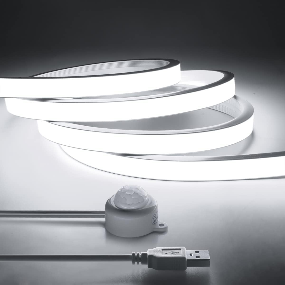 CHNMALITAI Motion Activated COB Neon LED Strip,5 V USB Motion Sensor Neon LED Strip Lights,6.56FT Waterproof White LED Light Strip, DIY Flexible LED