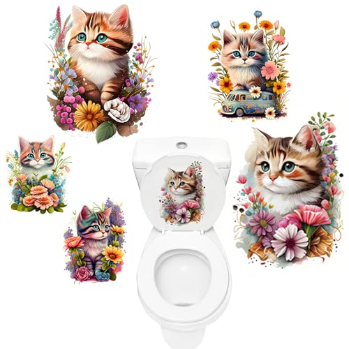 5 Stück Toilettenaufkleber Deckel Süße Katze und Blume Selbstklebend PVC Deckel WC Aufkleber Badezimmer Wandtattoo Sticker Wasserdicht Toilette Aufkleber