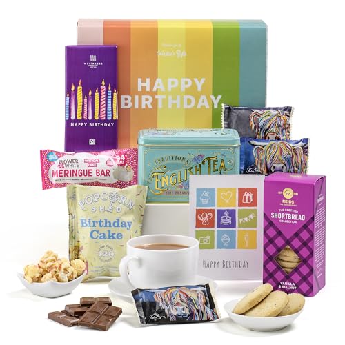 Birthday Gifts for Women & Men Afternoon Tea Hamper Hatties Gifts Rainbow Birthday English Tea Gift Set with Biscuits Meringue Bar Milk Chocolate Popcorn & Card