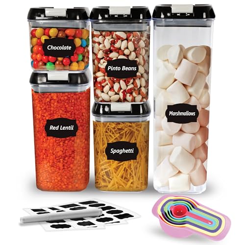 LUXTROUS Airtight Food Storage Containers Set Of 5 Pantry Organizers&Storage,Multisize Kitchen Storage Jars with 10 Labels&Measuring Spoons,Plastic Containers For Flour,Cereals,Sugar,Baking Supplies