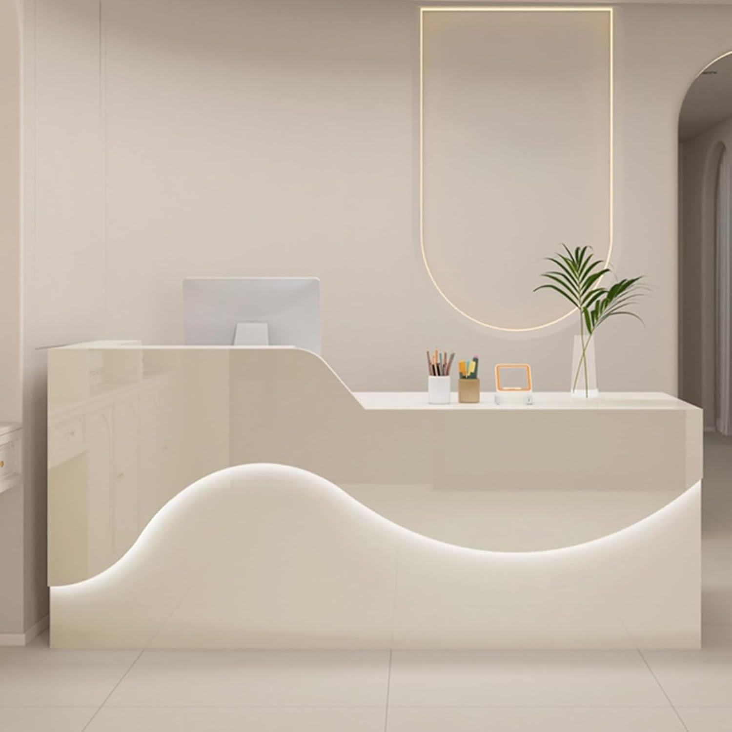 Reception Desk, Checkout Counter with Lockers, Front Desk with Lockable Drawer, Front Counter, for Office Reception Room Lobby, Beauty Salon(Creamy White,120cm/47.2in)