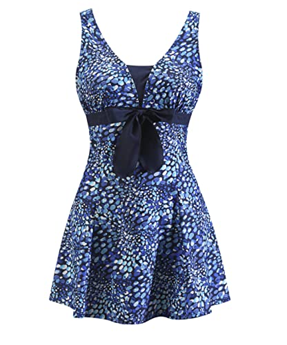 Women's One Piece Swimsuit Plus Size Swim Dress V Neck Wrap-Front Printed Swimwear Tummy Control Bathing Suit