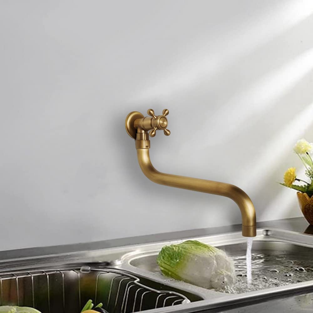Rubinetto Lavello a Parete Acqua Fredda in Ottone Antico, Bocca a S | Rubinetto monocomando giardino a muro lungo retro, girevole 360°, maniglia a croce, G1/2, per esterno lavabo bagno cucina