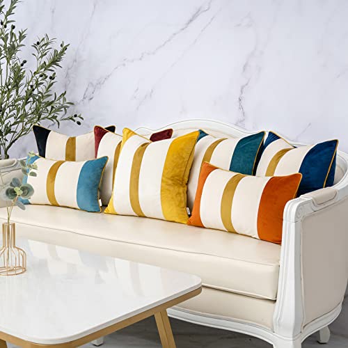 Yangest WOMI-049 Orange Patchwork Lumbar Throw Pillow Cover Striped Velvet Cushion Case Modern Neutral Oblong Pillowcase thumb #6