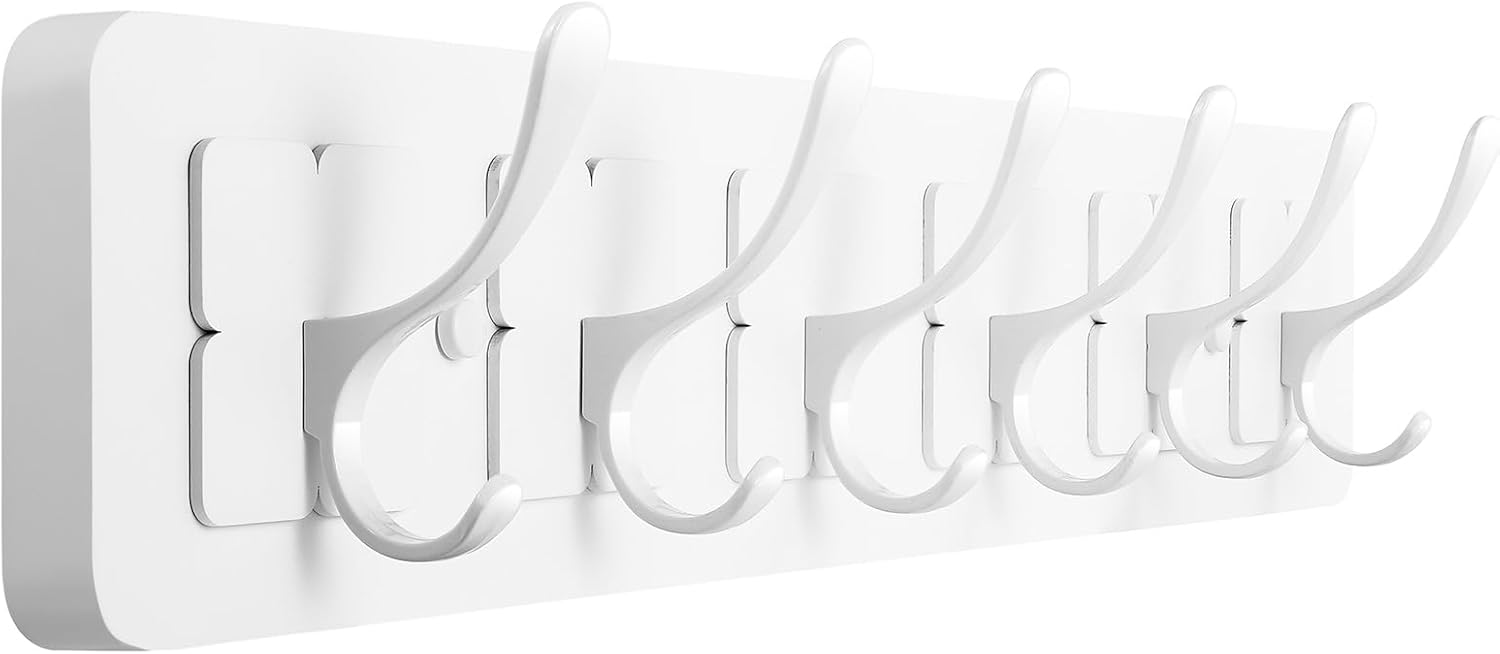 solid pine wooden wall-mounted coat rack - rustic entryway organizer with 6 zinc alloy hooks, space saving wall coat hanger for jackets, hats, bags, towels & robes (white, 6 double hooks) white 6 double hooks