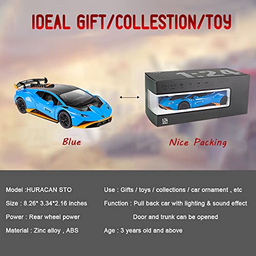 1:24 Alloy Diecast Car Model For Lamborghini Huracan Sto 2021, Pull Back Vehicles Model Cars Toy For Kids 3 To 12 Years Old Gift Adult Collection Car Model With Light & Sound (Vibrant Blue) #TOP7
