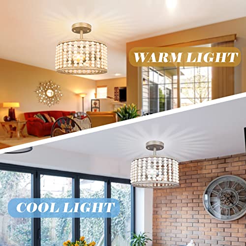 Farmhouse Boho Ceiling Light Fixture, 2-Light Bohemian Wood Beaded Semi Flush Mount Ceiling Light, Deep Oak Boho Chandelier, Rustic Nursery Light Fixture For Bedroom Living Room Kitchen Island #TOP4