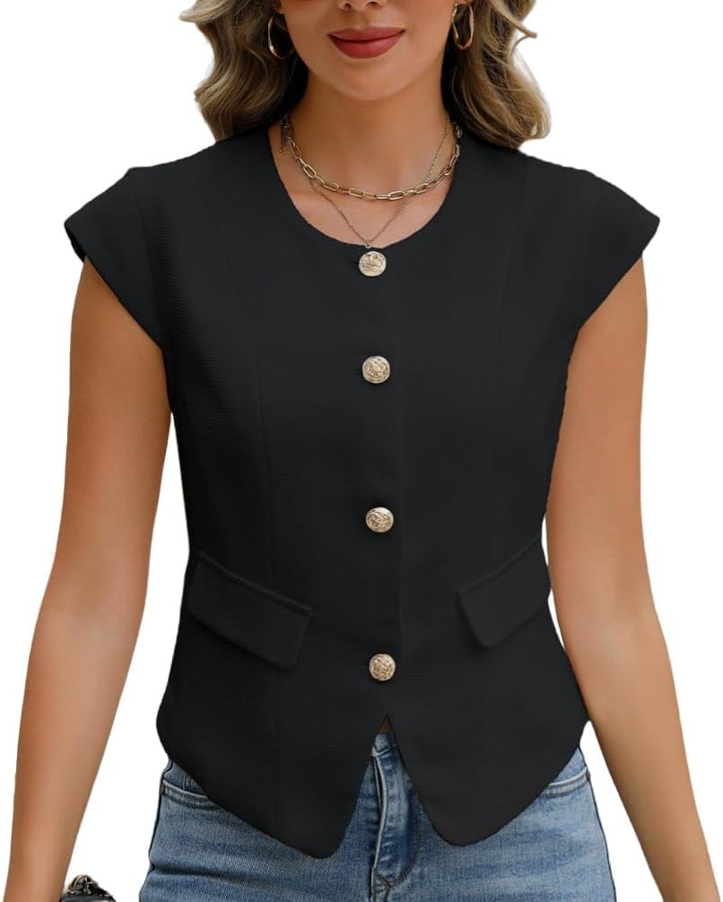 Ladyful Womens Sleeveless Blazer Vest Top Casual Cap Sleeve Tweed Suit Vest Metal Button Business Work Waistcoat