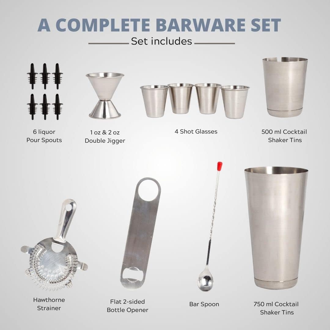 LexiHome 16 Pc Cocktail Making Set, Bartender Kit, Cocktail Shaker Gift Set, Bar Accessories, Drink Tool Kit with Drink Shaker, Hawthorne Strainer, Bar Spoon, Bottle Opener, Tin Shot Glasses, & More