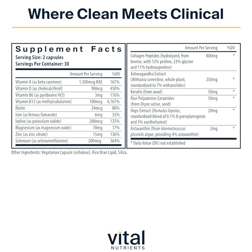 Vital Nutrients Hair Growth Vitamins Complex for Women | Hair Growth Supplement Supports Fuller, Thicker, Stronger with Keratin, Ashwagandha, Hops and Biotin | Vegan, Dairy, Gluten Free | 60 Count