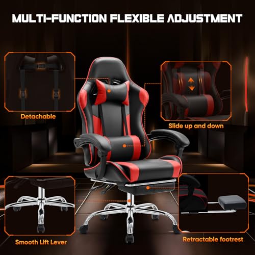 Sweetcrispy Video Game Desk Chair - Ergonomic Computer with Footrest and Comfy Lumbar Support, PU Leather Recliner with Headrest, Fixed Up Armrest, Height Adjustable with 360° Swivel, for Adults, Red