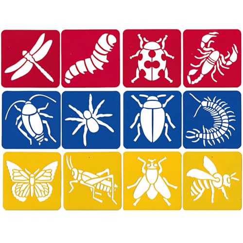 Fun Express Big Bug Stencils for Painting - 12 Piece Reusable Stencils for Crafts & Drawing | Butterfly Bee Dragonfly Animal Shapes for Kids Ages 4-8 | Large Plastic Art Stencil Set for Home & School