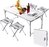 Mesa de Camping Dobrável Portátil Grande 120x60cm com 4 Bancos Dobráveis Branca Vira Maleta serve para Praia Churrasco Acampamento Festa - Lojas Tahara