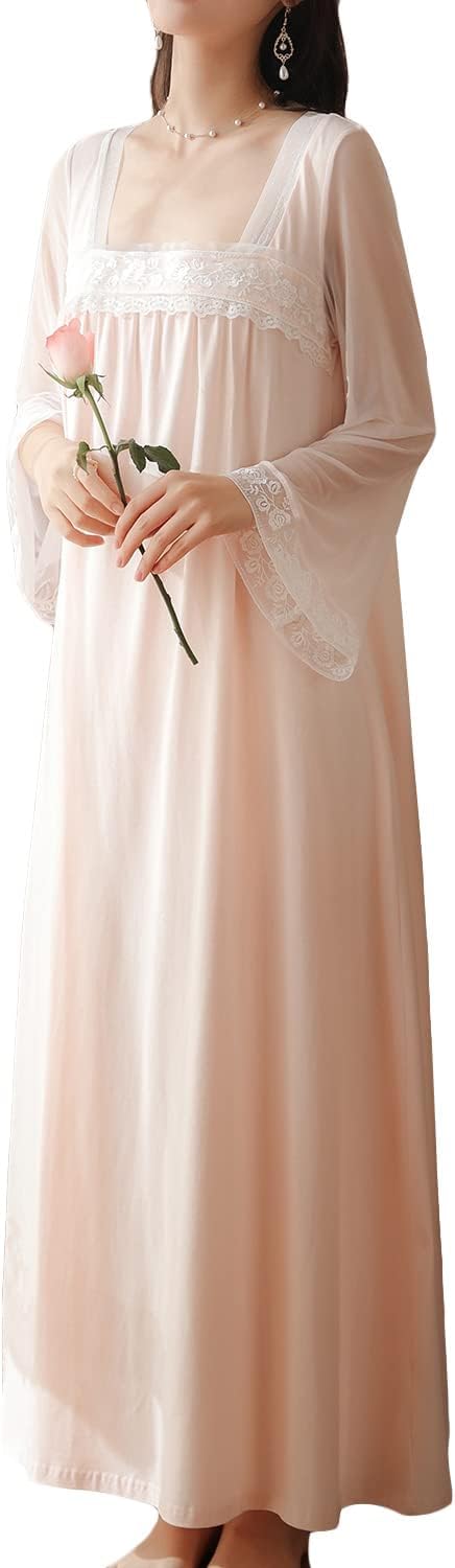 LLECDASEUI Women's Victorian Palace Long Sleeve Maxi Nightdresses Vintage Lace Embroidered Nightgown Sweet Princess Pajamas (L,Pink)