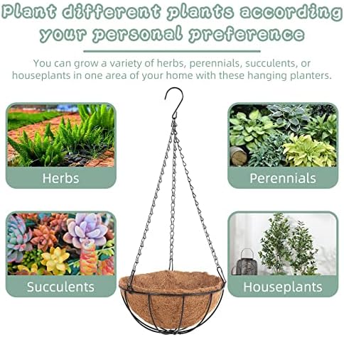 Ohiyoo Metal Hanging Planter Basket, Set of 6 Hanging Basket with Coco Coir Liner Round Hanging Flower Plant Pot Metal Plant Basket for Indoor Outdoor Garden Porch Decoration, 30cm