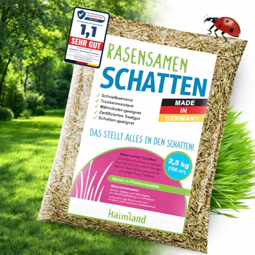 Schattenrasen Samen 2,5kg – für 100m² hochwertige Rasensamen & Grassamen schnellkeimend Frühjahr für Rasen Nachsaat & dichte Rasensaat | SEHR GUT getestet inkl. Anleitung