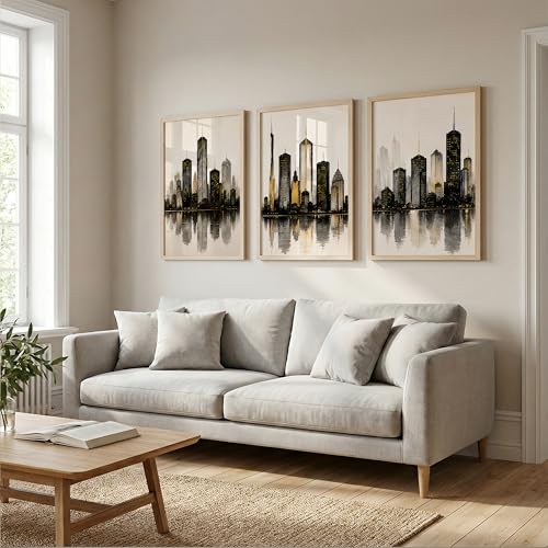 Image of TheMakerly Set of 3 Modern City Skyline Wall Art Paintings for Living Room | Luxury Urban Cityscape Wall Decor | Framed Wall Paintings for Bedroom, Office, Hall & Home Decoration (13x19 Inches)