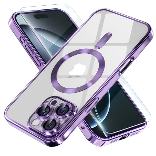 Image of Misea Magnetic for iPhone 16 Pro Case Compatible with MagSafe | [Never Yellowing] [Military Drop Protection] Full Camera Lens Protector Plating Soft Clear Phone Case for Women, Deep Purple