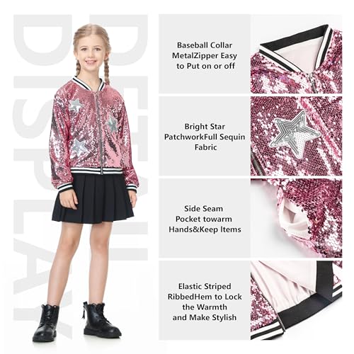 Image of LOLANTA Girls Sequin Jacket, Long Sleeve Kids Bomber Coats with Pockets, Spring Fall Outfits for 4-15 Years
