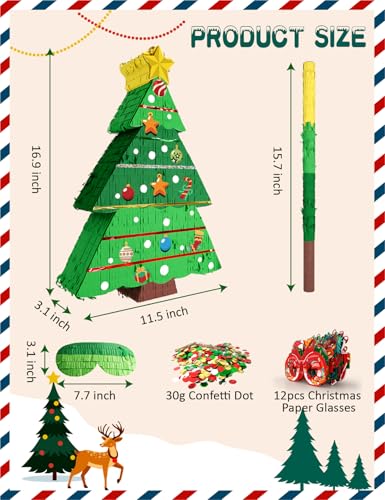 Muwoob WEIXIN003300 Christmas Tree Pinata Set With 12 Pieces Paper Glasses, Wood Stick, Blindfold, And Confetti, 16 Inch Large Piñata De Navidad For Holiday Party Decorations And Festive Games thumb #1