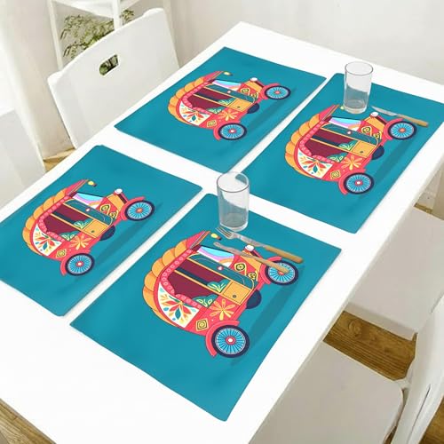 Image of DiningTable Mats Set of 4 - Auto Vibrant Cultural Theme,Digital Print, Washable, Indoor /Outdoor, Heat-Proof, Water Resistant, Wipe & Clean (47X33 cm) Green & Pink