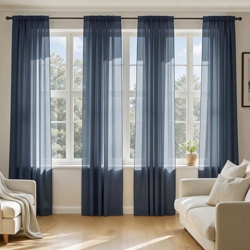 MIULEE Navy Blue Sheer Curtains 84 Inches Long 4 Panels Set Light Filtering Rod Pocket Voile Drapes Window Treatments Semi Transparent Airy Fabric for Bedroom and Living Room 42 x 84 Inches